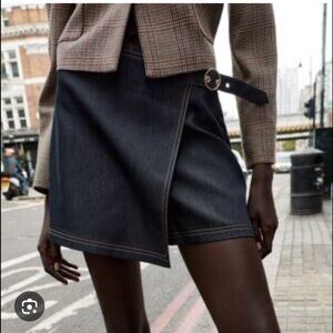 Zara Dark Denim Wrap Mini Skort with Belt Detail NWOT